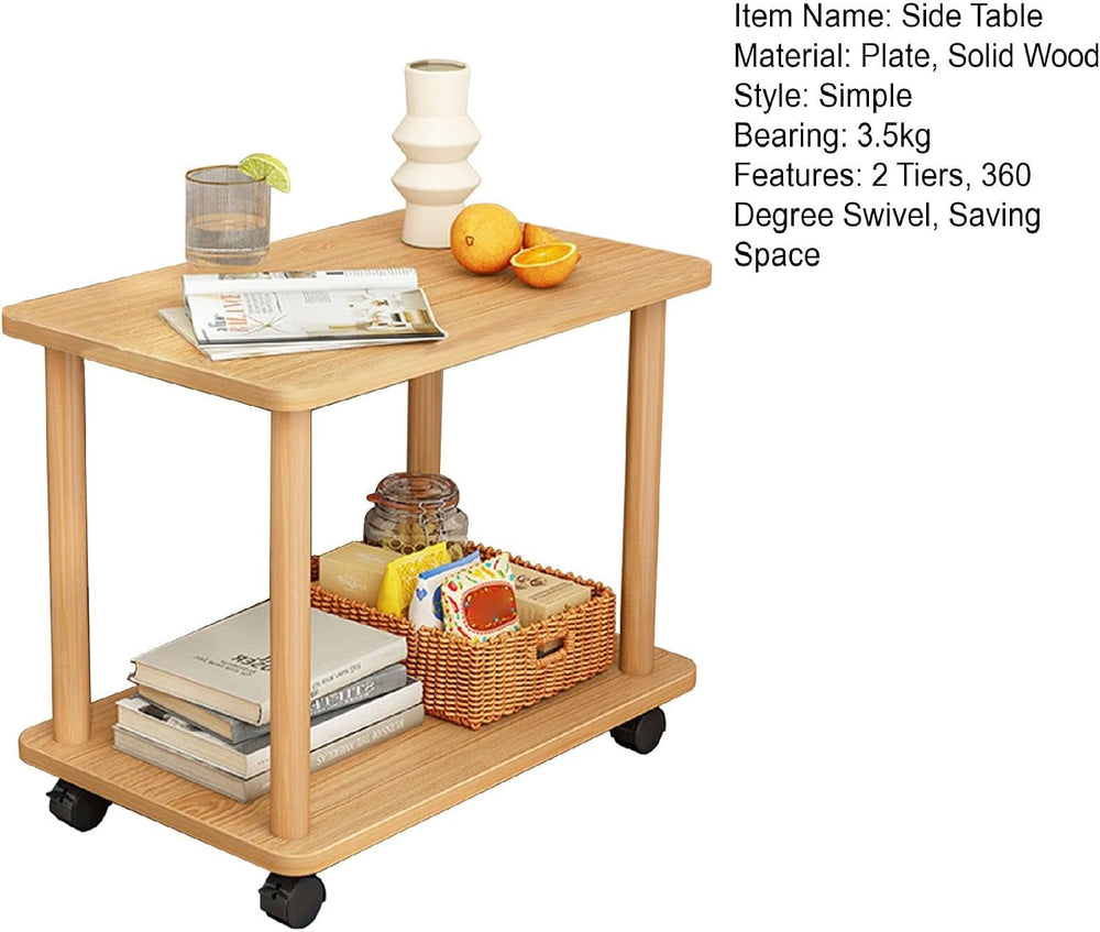 Rolling End Table with Wheels, 2-Tier 150lb Shelf, MDF Top Solid Wood Frame, ...