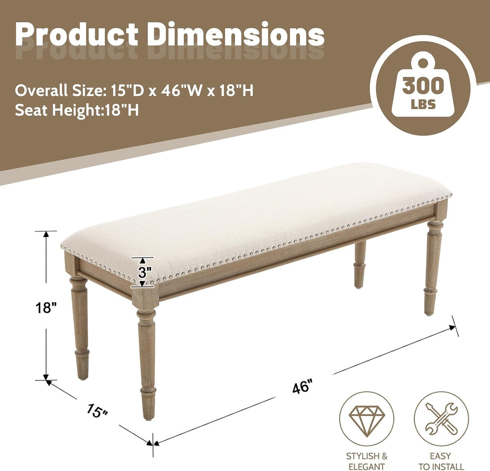 chairus Farmhouse Dining Bench 46" Wooden Entryway Bench with Padded Sea...