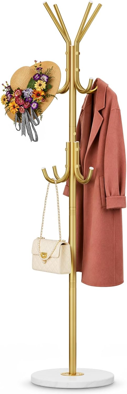 Gold Coat Rack Freestanding 12 Hooks Coat Hanger Stand Heavy Duty Coat Tree