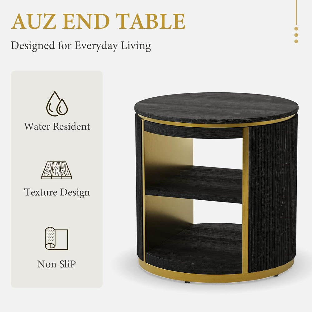 AUZ Round Black and Gold Fluted End Table Set of 2, 22" Mid Century Mode...