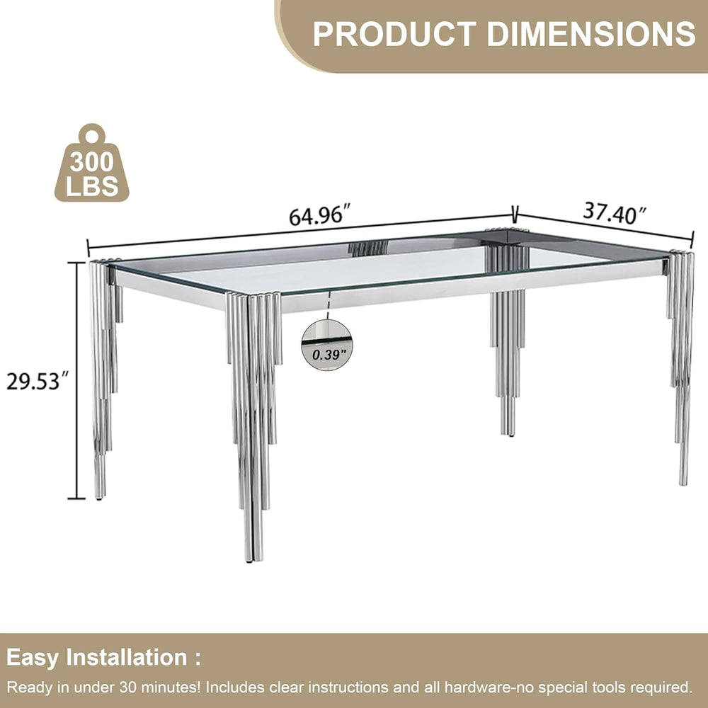 Modern Rectangle Glass Dining Table, 65" Clear Tempered Glass Desktop wi...