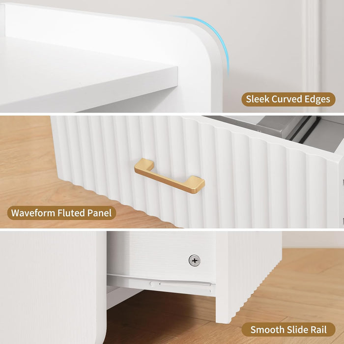 Night Stand with Charger Station - Modern Wood Nightstand with Drawer Storage, Fluted Wide Nightstands Bedside Table, Mid Century Night Stands for Bedroom Home Office Sofa, White