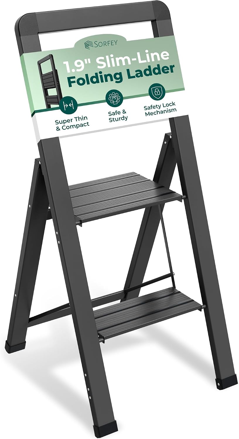 Step Ladder 2 Step Folding, Decorative - Modern Beautiful Black Aluminum,Lock...