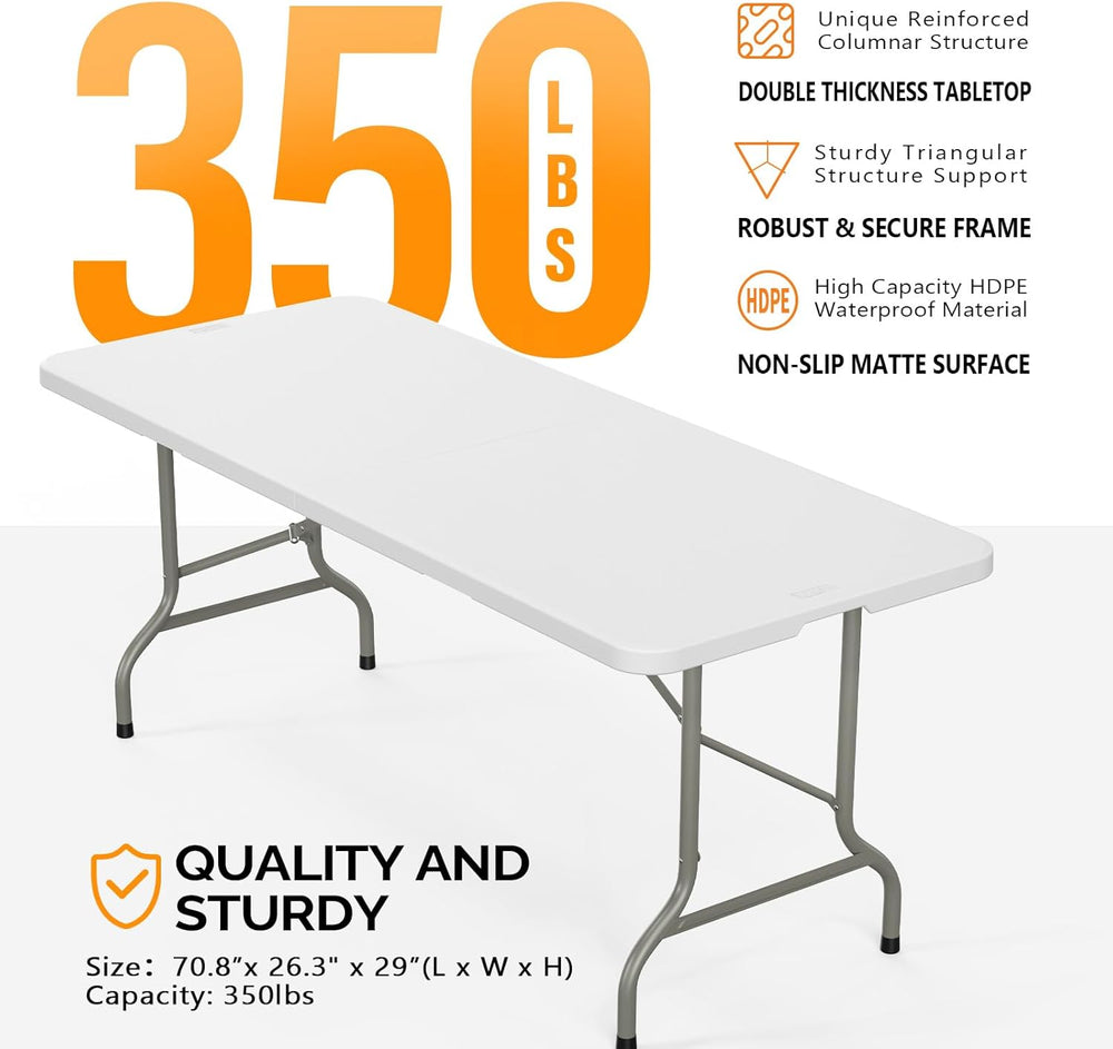 Bonnlo 2P Folding Table 6ft, Portable Collapsible Plastic White Long Tables f...
