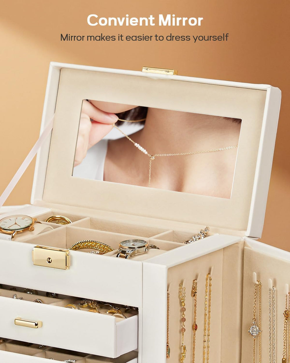 Homde Synthetic Leather Huge Jewelry Box Mirrored Watch Organizer Necklace Ri...