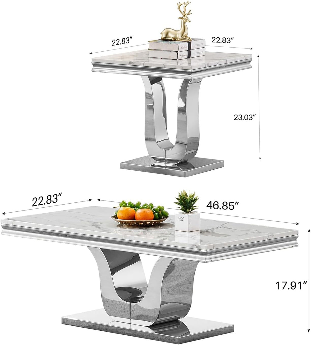 Modern Elegant 2-Piece Living Room Table Set with Faux Marble Top | Includes ...