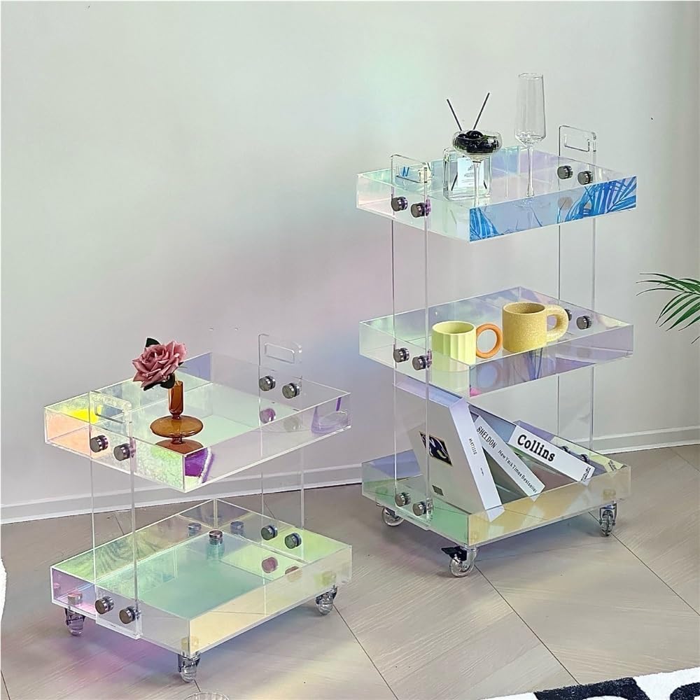 Acrylic End Table with Wheels, 2/3 Tiers Acrylic Bar Cart, Rolling Utility Ca...