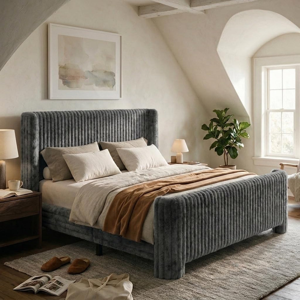 Queen Bed Frame with Faux Fur Upholstered Curved Wingback Headboard & Foo...