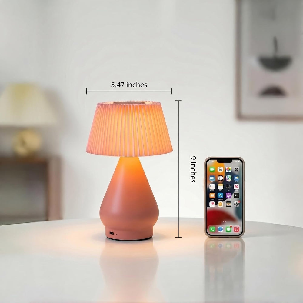 Cordless Rechargeable Small Pink Bedside Touch Table Lamp,Pleated Shade