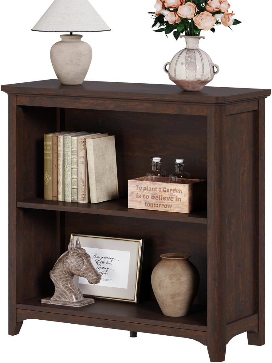 BON AUGURE Wooden Bookshelf, 2-Tier Curved Edge Bookcase, Brown Cherry