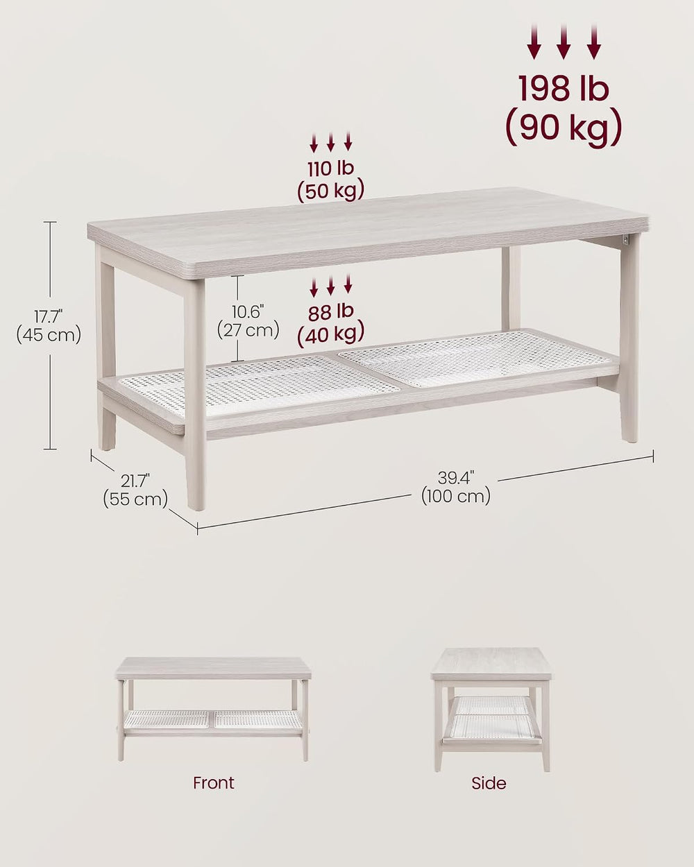 VASAGLE 2-Tier Coffee Table, Rectangular, PE Rattan Shelf, Rounded Corners
