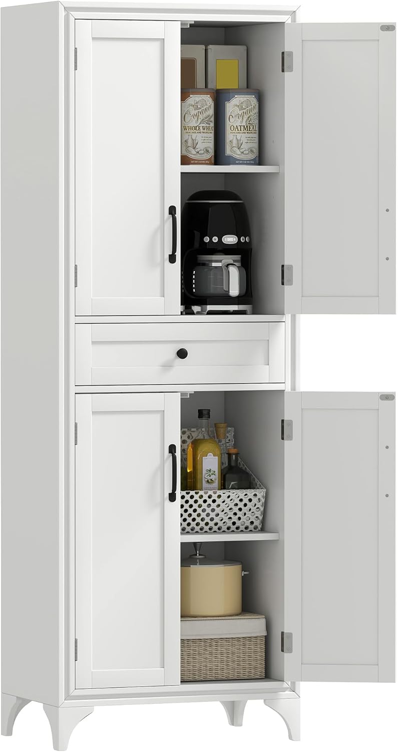 HOMCOM 67" Tall Freestanding Kitchen Pantry Cabinet, 4-Door Storage Cabi...