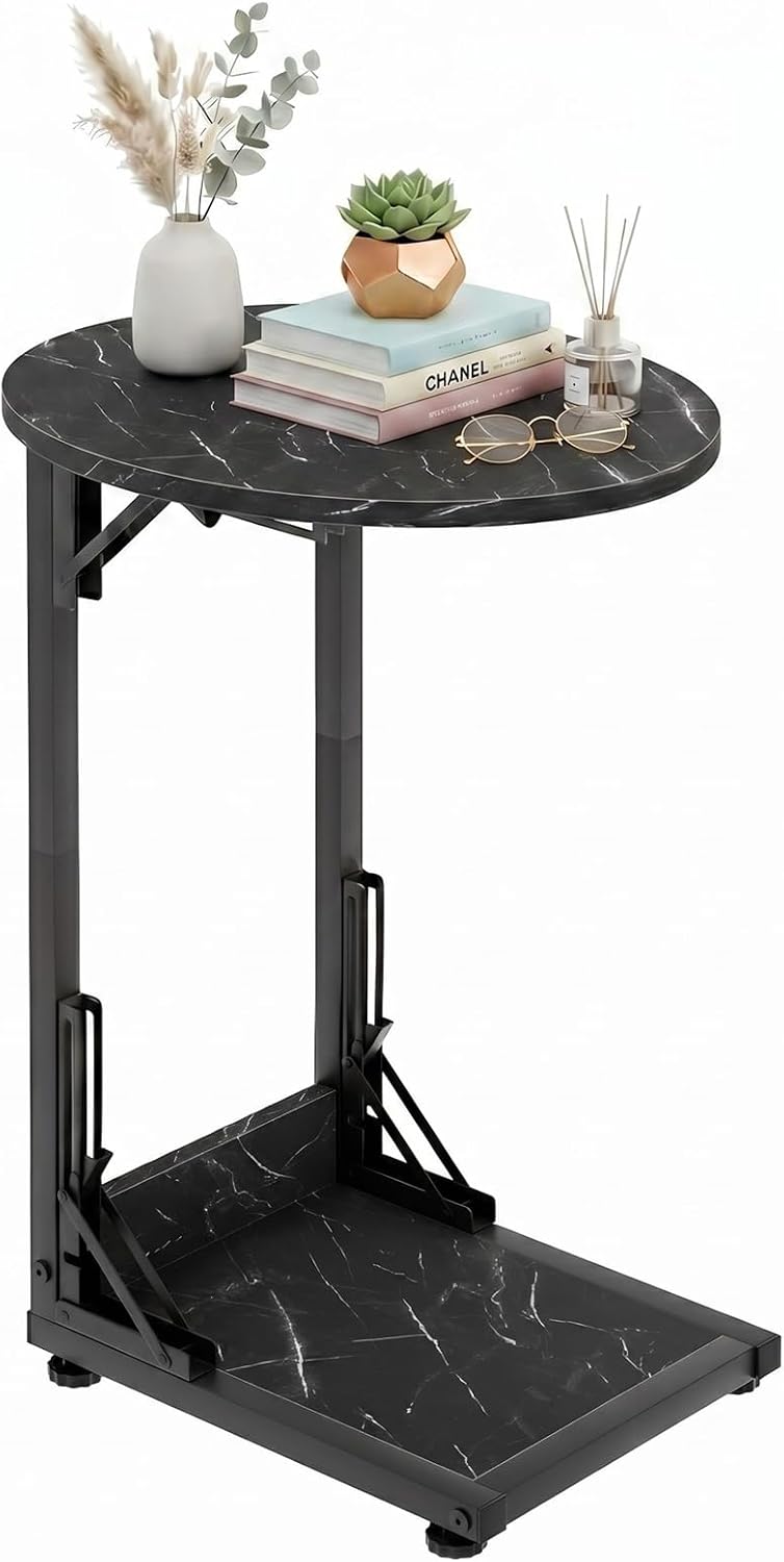 Folding Side Table, C Shaped End Table with Metal Frame, Round Couch Table &a...