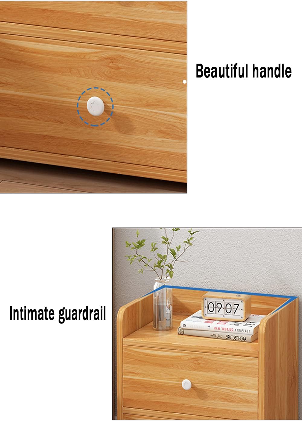 Bedside Table, Bedside Table Household Storage Cabinet 2 Drawers Guardrail De...