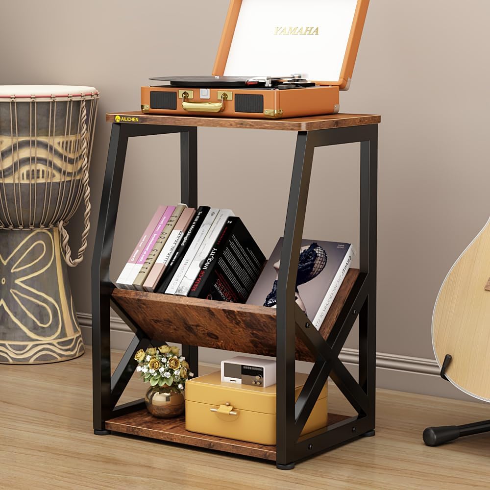 MULKHOME 3-Tier Accent End Table with Magazine Holder Shelf, Metal Frame, Scr...