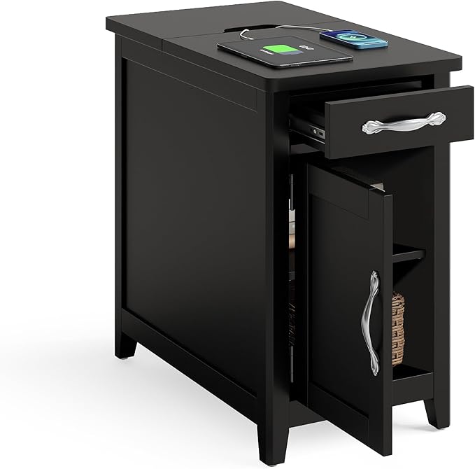 LINSY HOME Farmhouse End Table with Charging Station, Narrow Side Table for L...