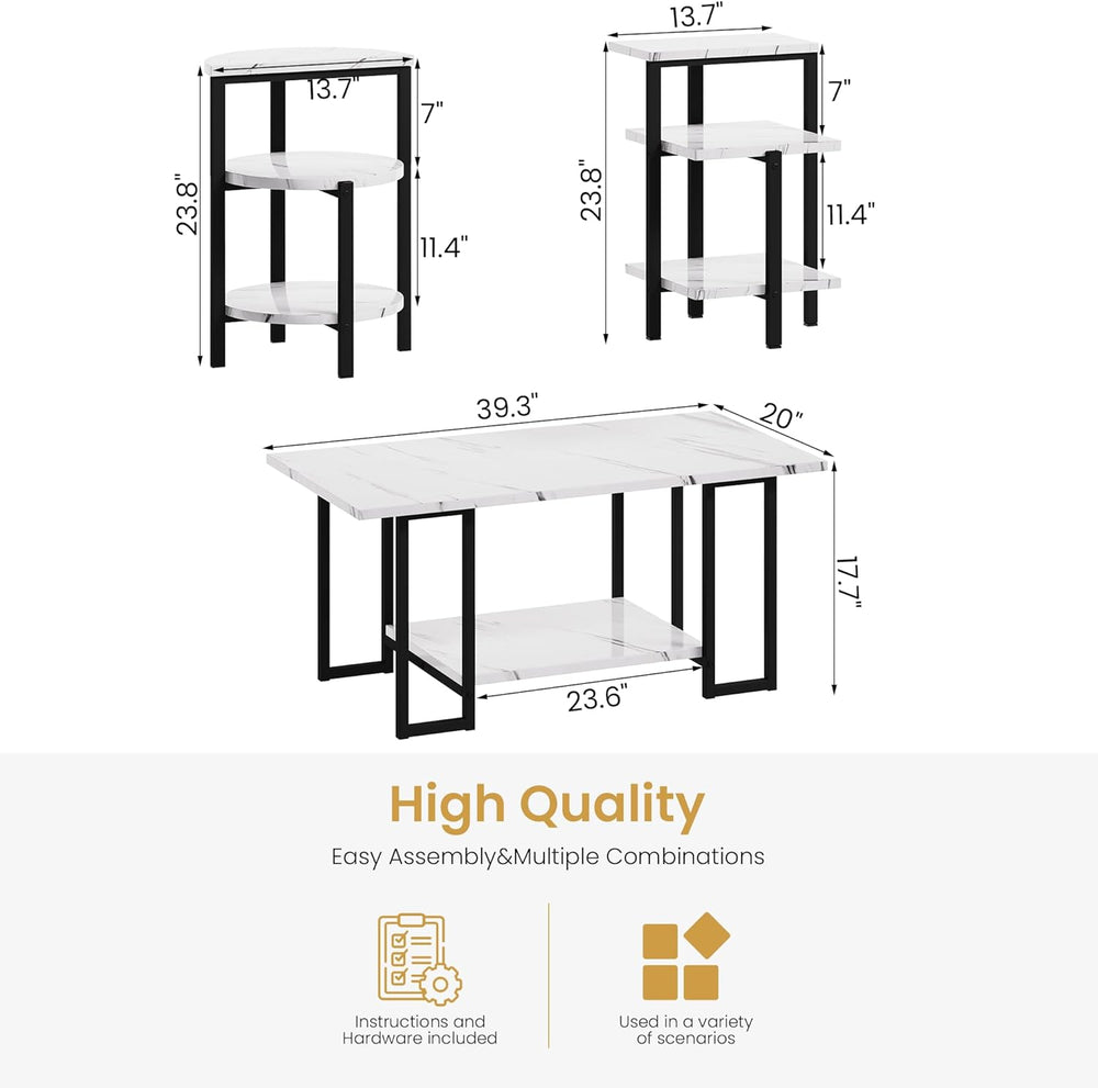 Lamerge Coffee Table Set of 3,Rectangle Coffee Table&2 Accent Table,Faux ...