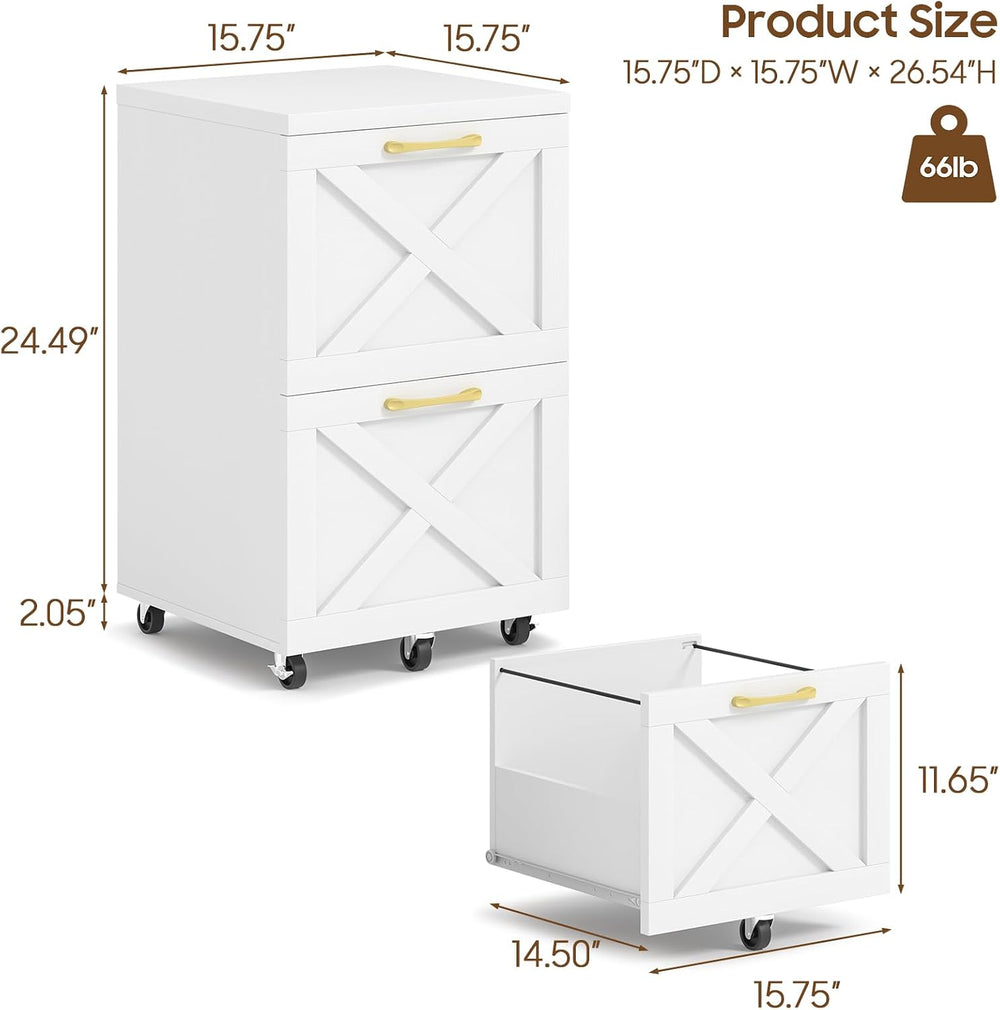Halitaa Farmhouse 2 Drawer Small File Cabinet with Wheels, White | Vertical F...