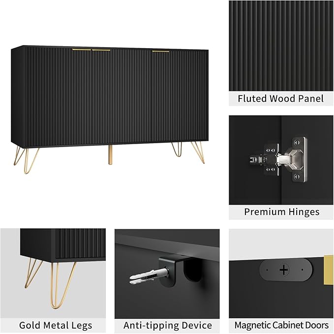 Fluted TV Stand for 80 Inch TV, Modern TV Stand Console, Black Entertainment ...