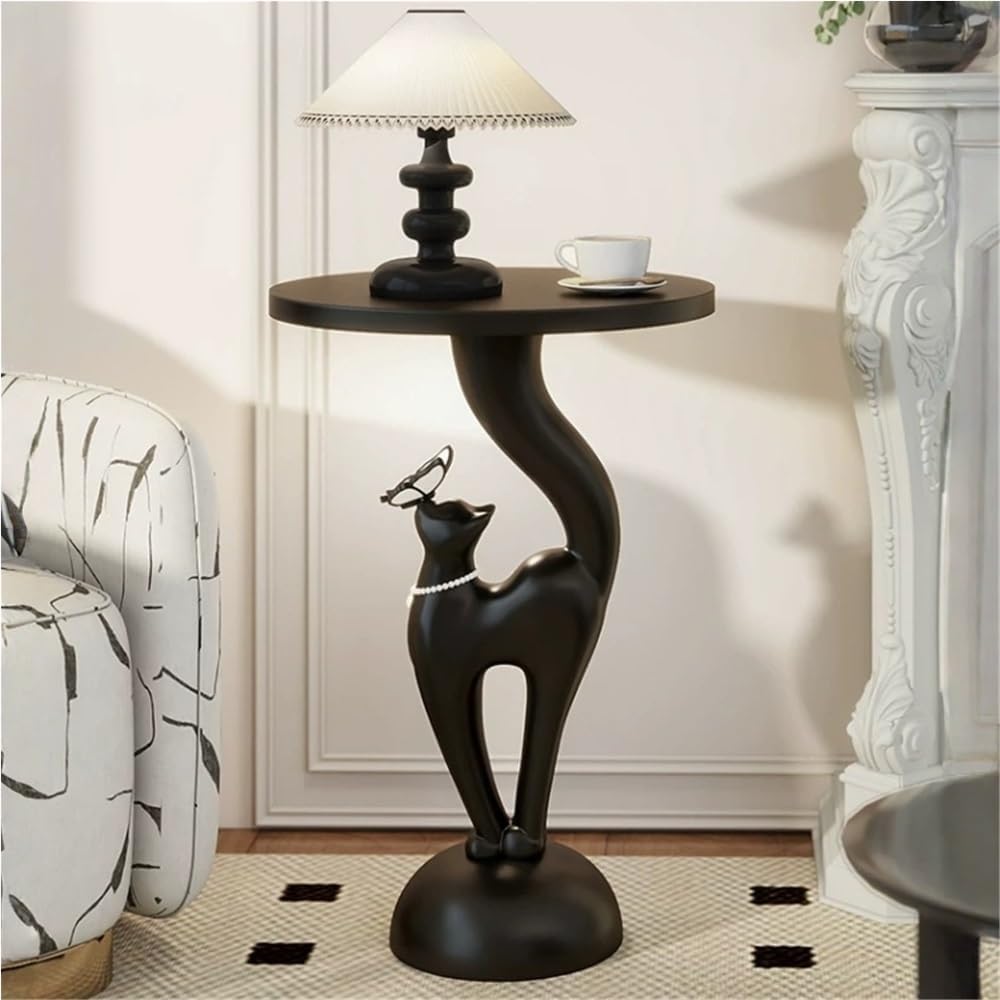 Elegant Resin Cat Sculpture Side Table with Tray, Modern Creative Bedside Tab...
