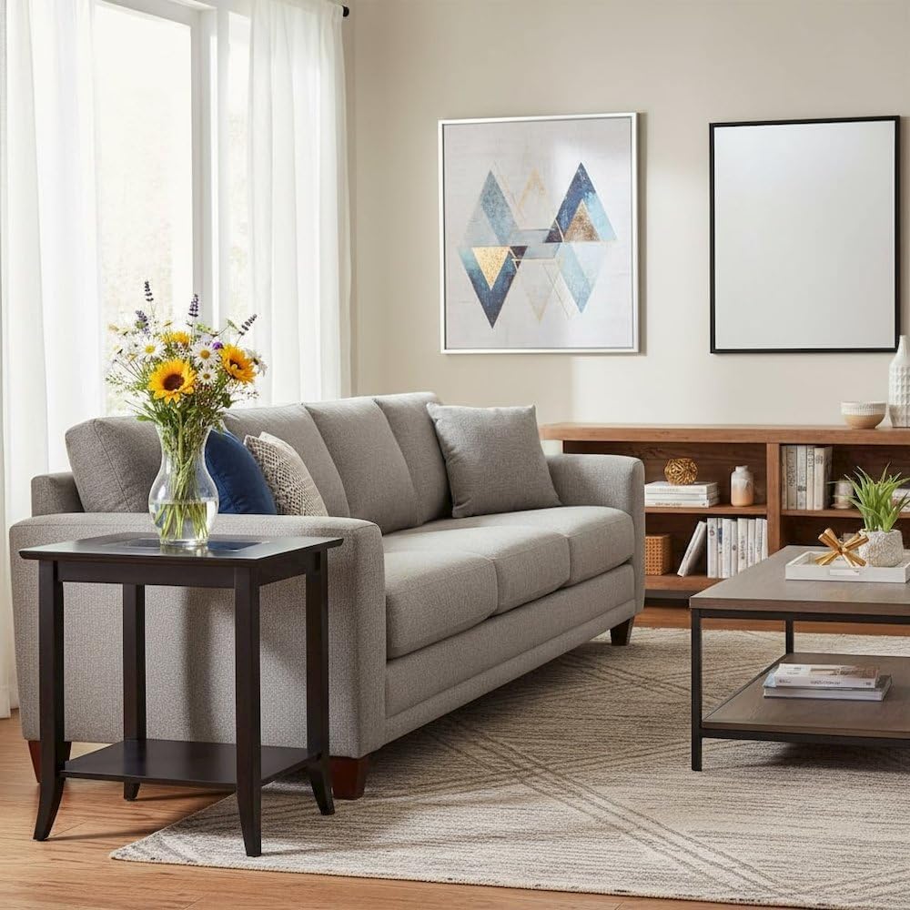 Furnifact Rectangular End Table, Glass Top, Lower Shelf, Flared Legs, Solid W...