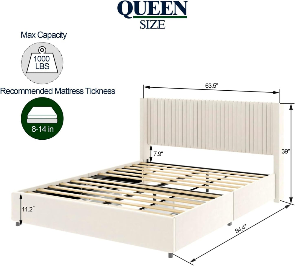 Ivory Velvet Upholstered Wingback Platform Bed with 2 Drawers, Queen Size Sto...