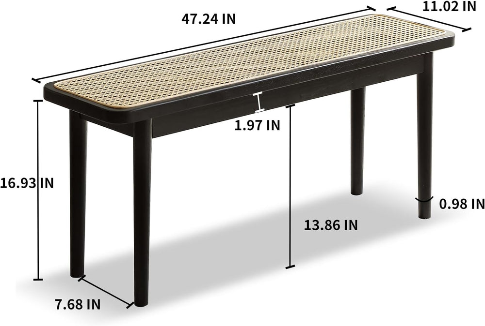 47 Inch Black Dining Bench, Solid Oak Frame | Narrow Black Rattan Bench with ...