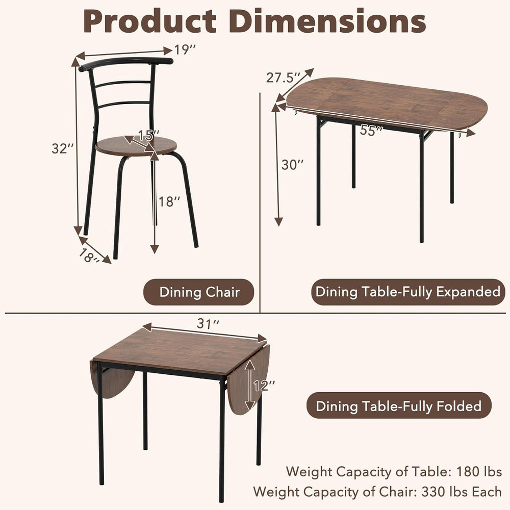 GOFLAME 3-Piece Drop Leaf Dining Table Set, Extendable Kitchen Breakfast Tabl...
