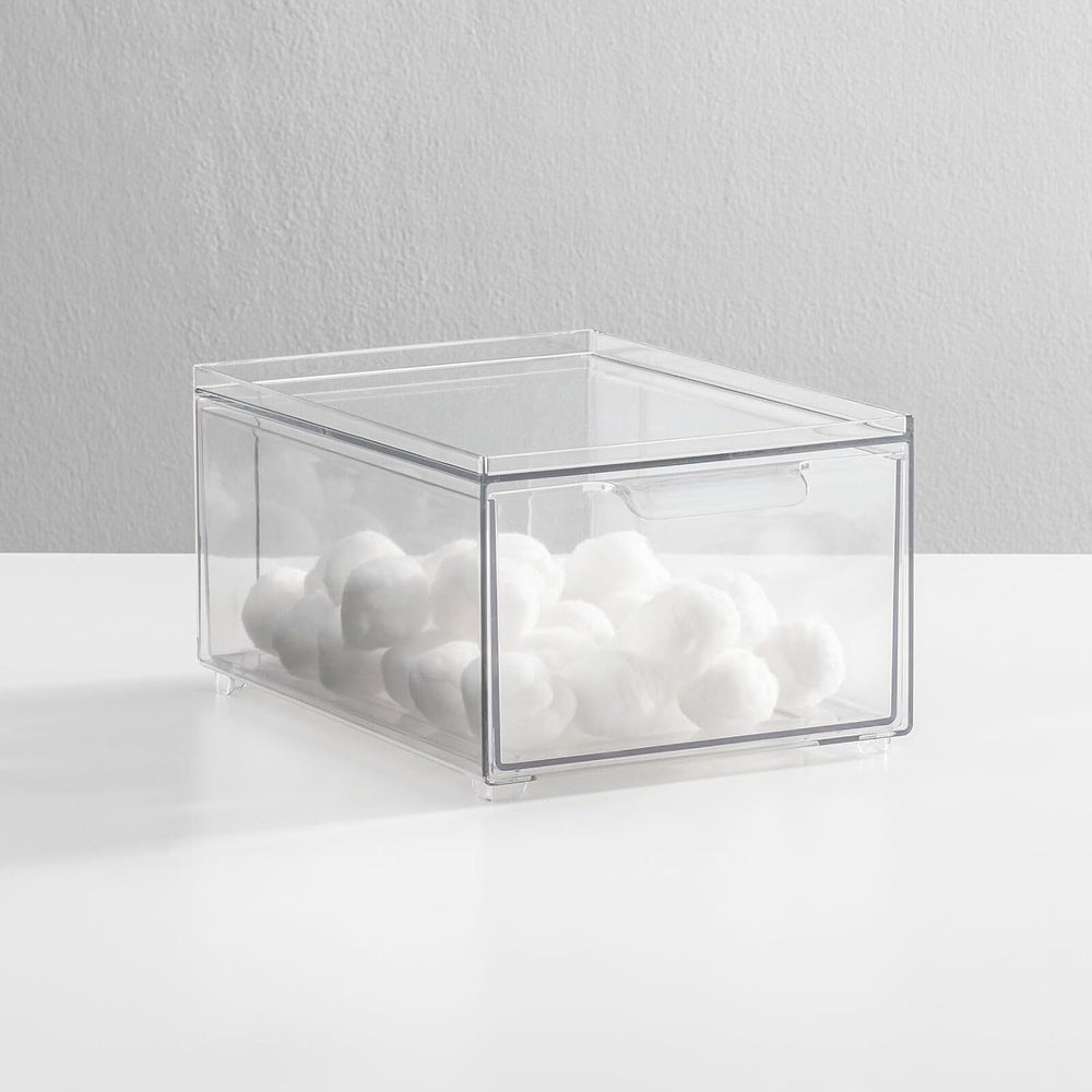 mDesign Plastic Bathroom Organizer Bin w/Pull Out Drawer - Slim Stackable Sto...