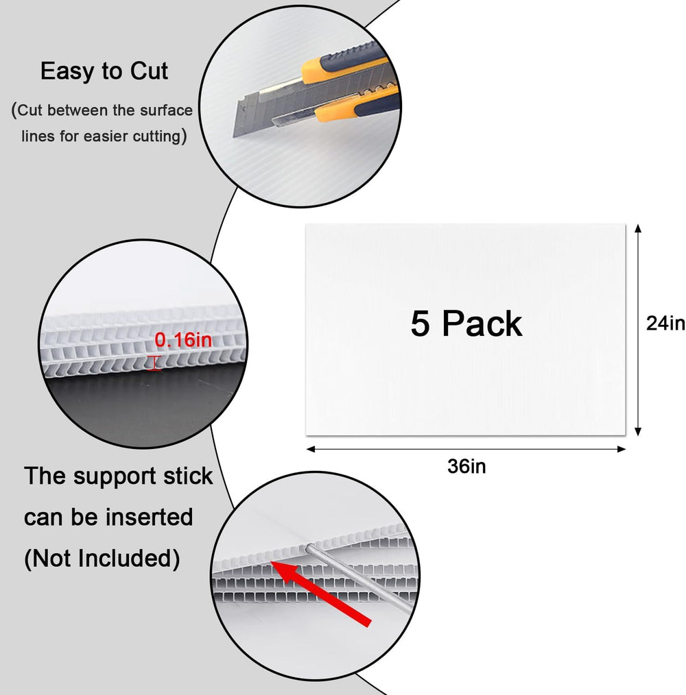 Corrugated Plastic Board 24" x 36", 5 Pack White Plastic Poster Boa...