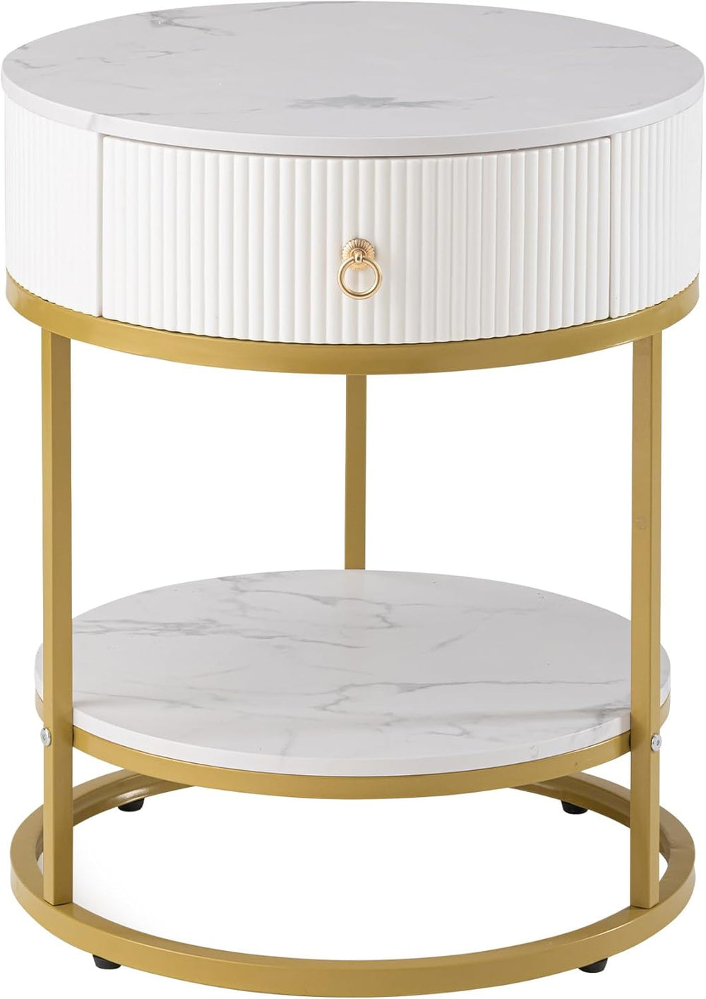 SUNBURY 19.7" Round Side Table with Drawer, Modern Faux Marble End Table...