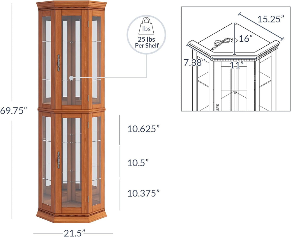 BELLEZE Lighted 3-Side Glass Display Curio Cabinet w/Tempered Glass Doors and...