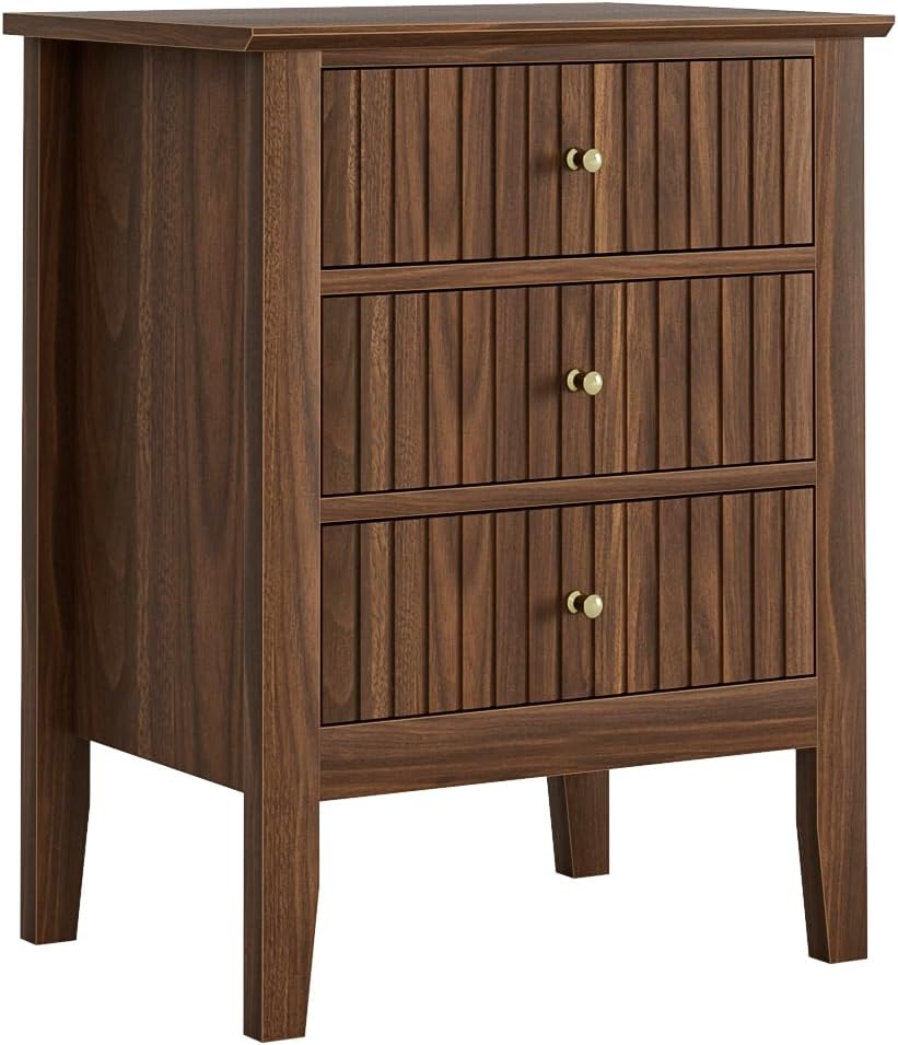 Night Stand, Fluted Nightstand Bedside Tall Farmhouse Nightstand with 3 Drawe...