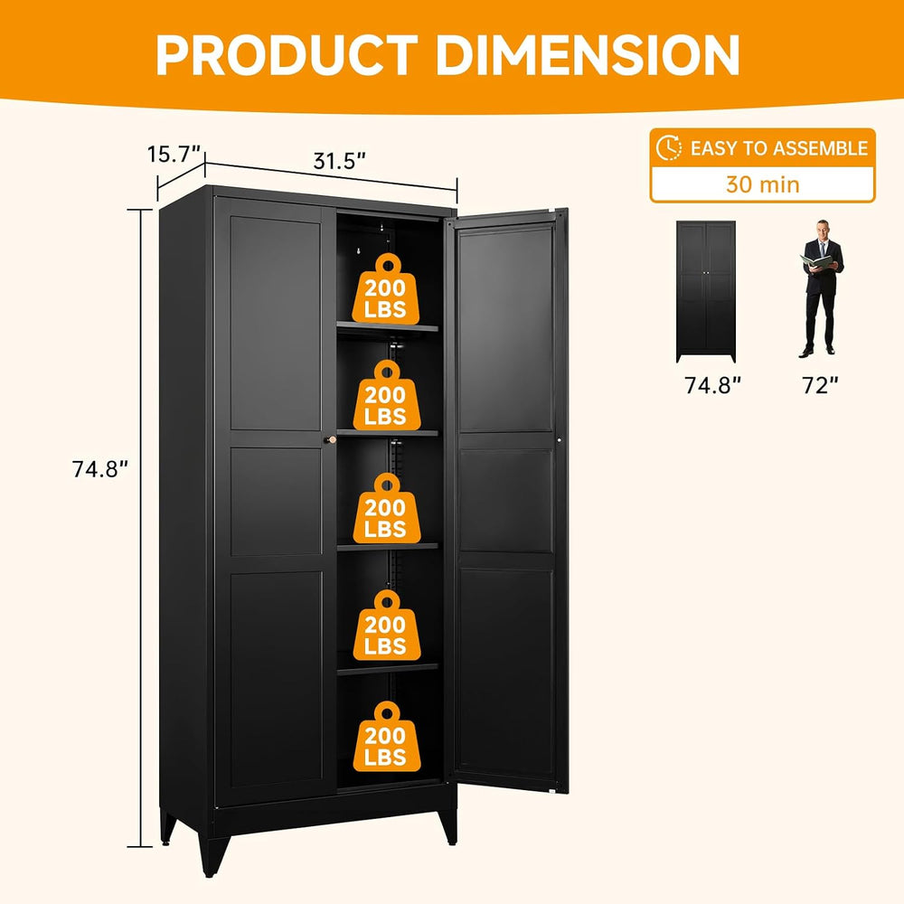 STANI 74.8" H Tall Kitchen Cabinet, Black Metal Pantry Storage Cabinet, ...