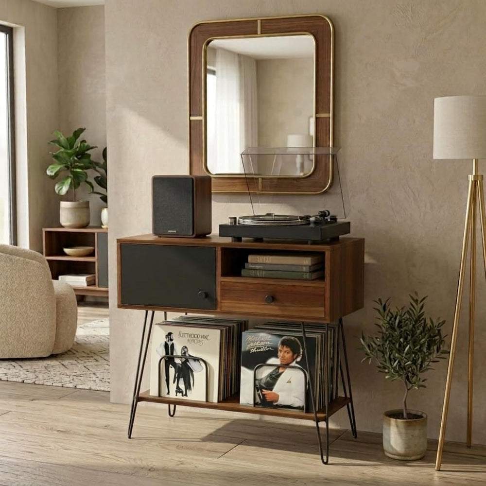 Large Record Player Stand with Vinyl Storage Holds Up to 200 Albums - Mid-Cen...