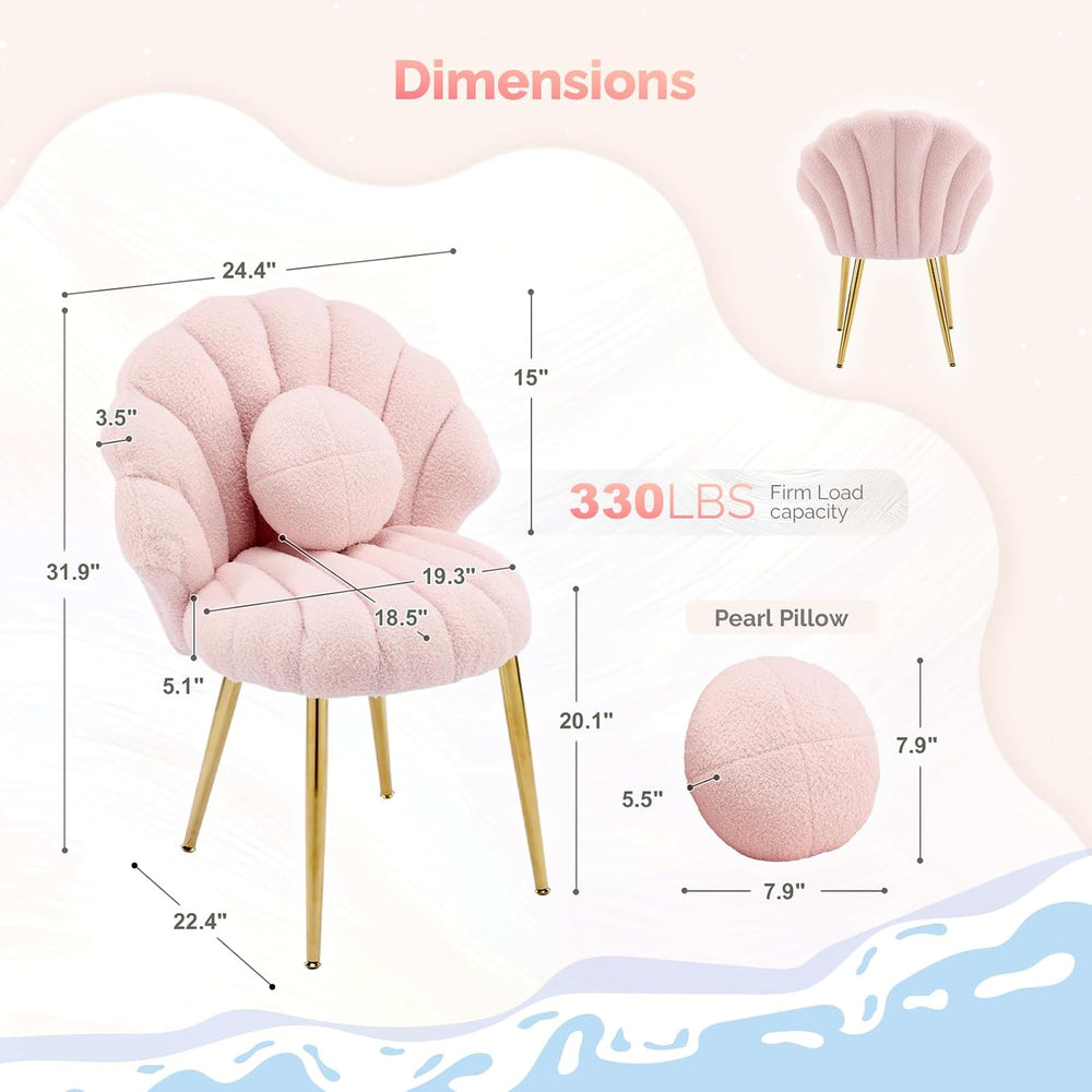 VINGLI Shell-Shaped Teddy Fleece Accent Vanity Chair with Back,Comfy Pink and...