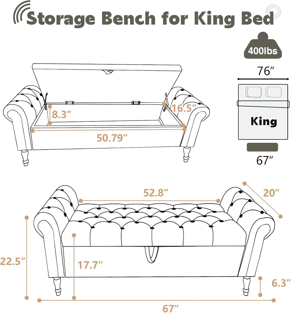 67'' End of Bed Storage Bench King Size, Storage Bench for Bedroom En...
