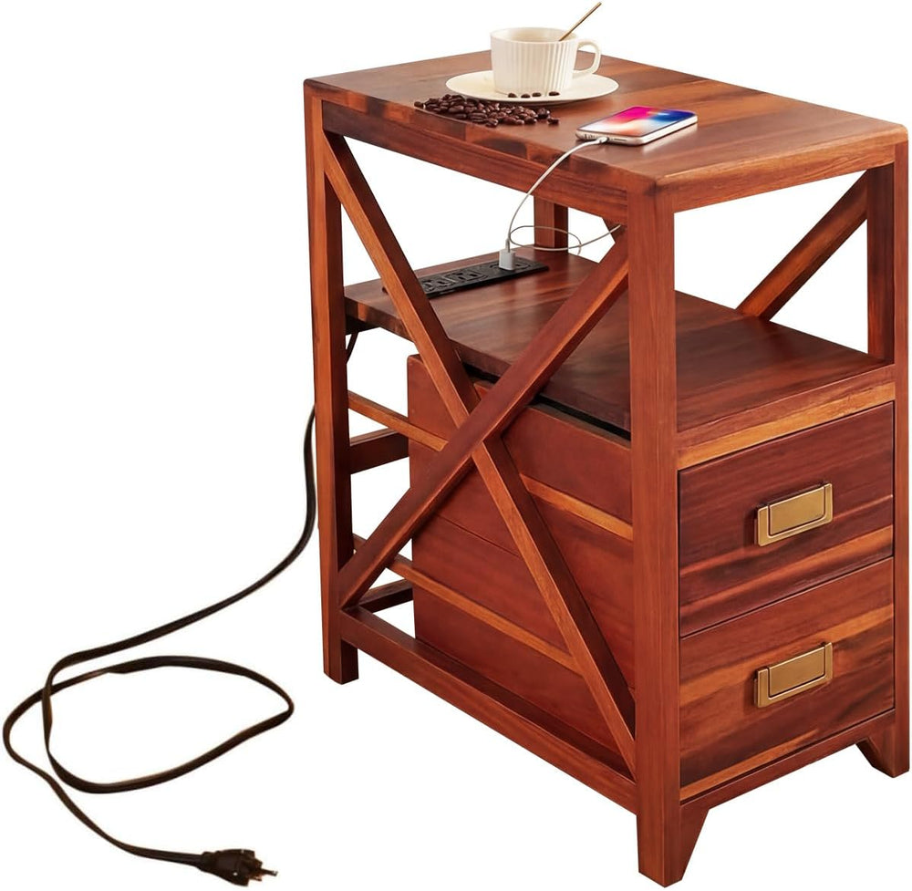 Fully Assembled Narrow Side Table with Charging Station, No Assembly Narrow N...
