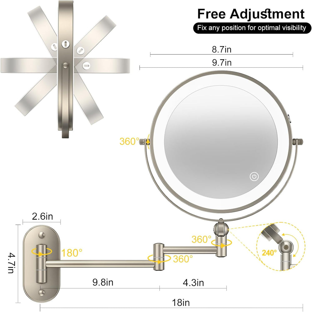 IMIKONA 9" Wall Mounted Lighted Makeup Mirror,4000mAh Rechargeable Doubl...