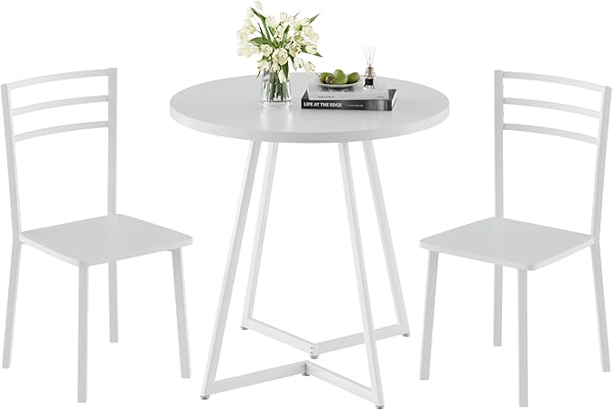 VECELO Small Round Dining Table Set for 2, Wood Tabletop with Strong Metal Fr...