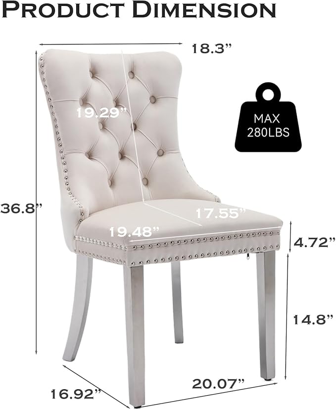 Velvet Upholstered Dining Chairs Set of 2, Modern Style Kitchen Side Chairs w...