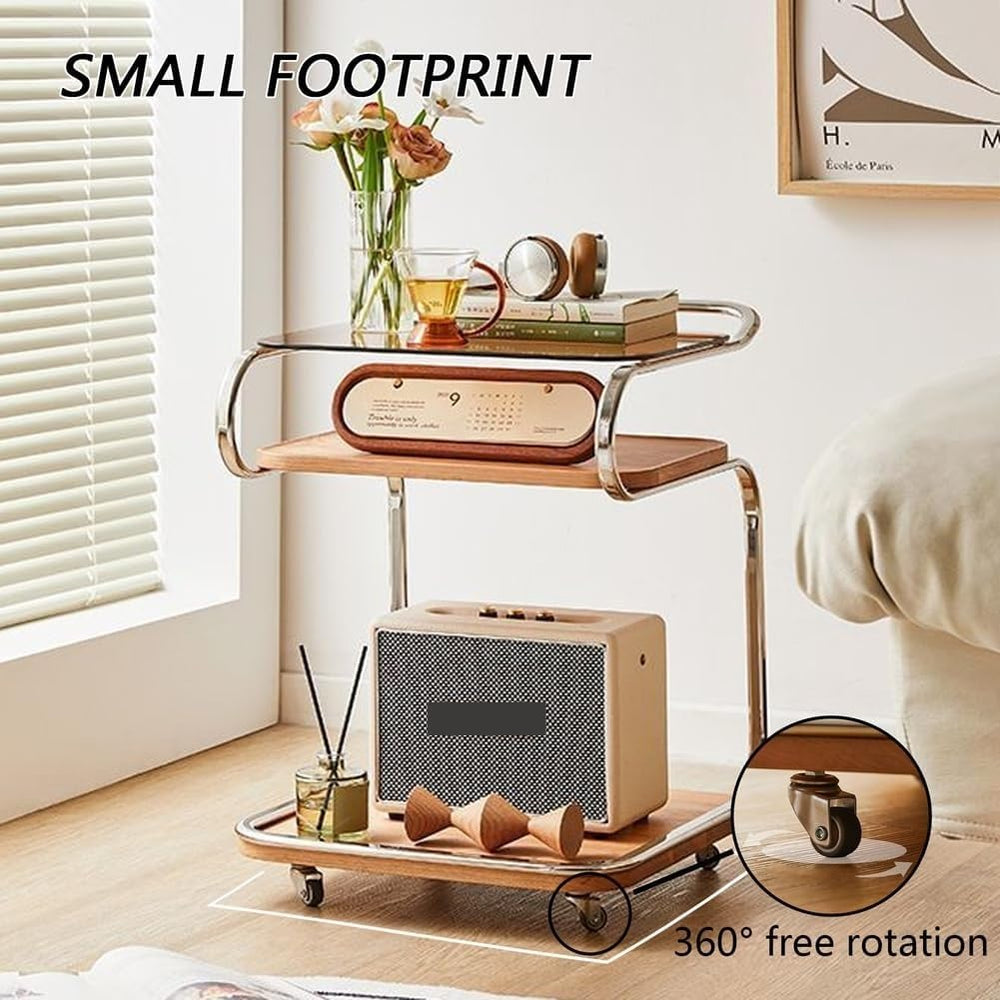 3 Tier Side Table with Glass Desktop TV Tray End Table with Storage Shelf and...