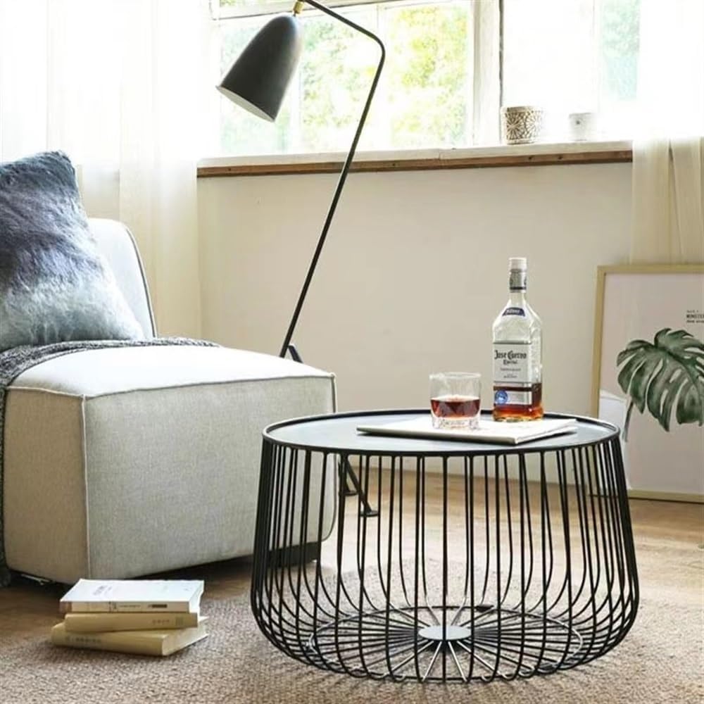 Round Side Table with Storage Shelf, Industrial Accent Furniture with Steel F...