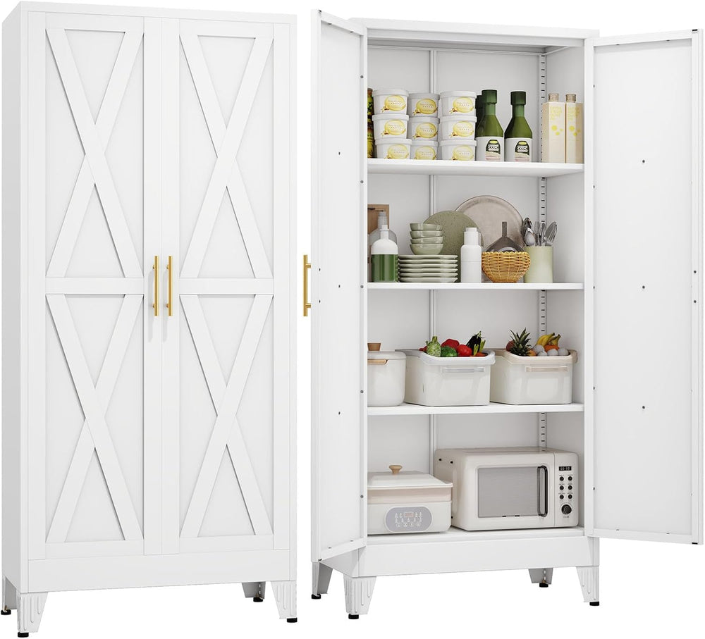 61" H Metal Kitchen Pantry Storage Cabinet, Freestanding Cupboard with 2...