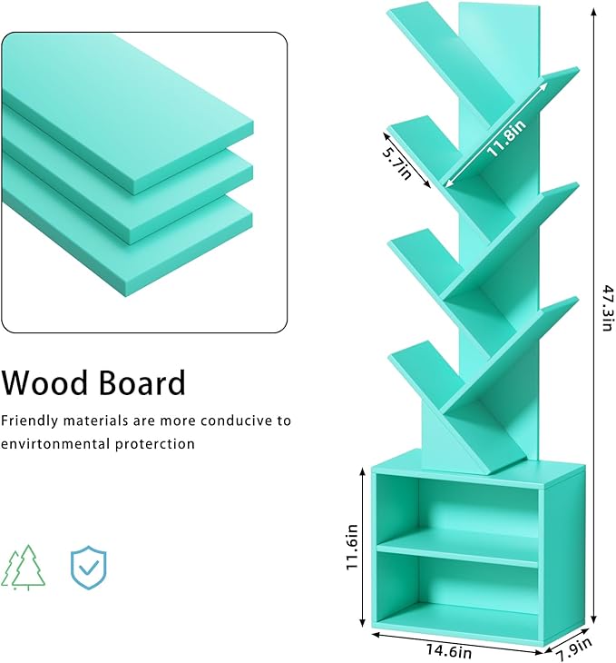 10 Tier Tree Bookshelf,Floor Standing Wood Tall Bookcase for Narrow Space, St...