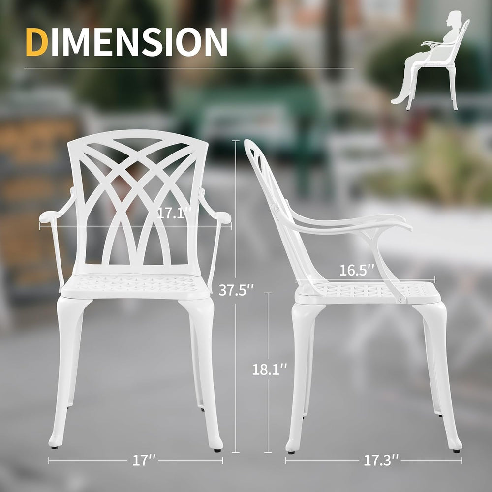 Modern White Cast Aluminum Outdoor Patio Dining Chairs, Set of 2, Ergonomic A...