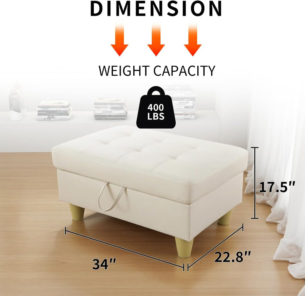 Leather Storage Ottoman Bench,33.5" Large Square Ottoman with Storage, F...