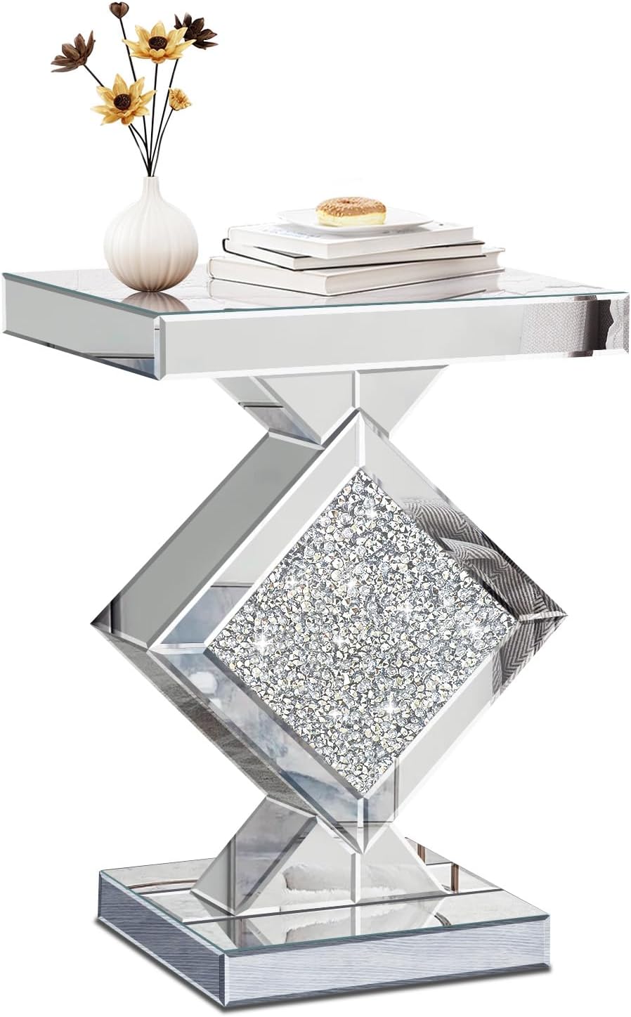 Crushed Diamond Mirrored End Table, Silver Side Accent Table, Small Mirrored ...