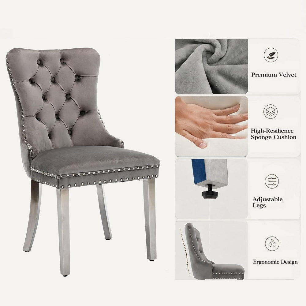 HomVent Silver Round Glass Dining Table Set for 2 with 2 Grey Velvet Chair | ...