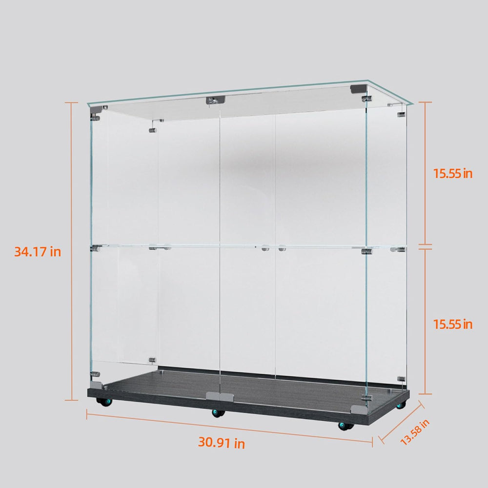 2-Tier Glass Display Cabinet with Bluetooth LED Light Strip, 2-Door Floor Sta...
